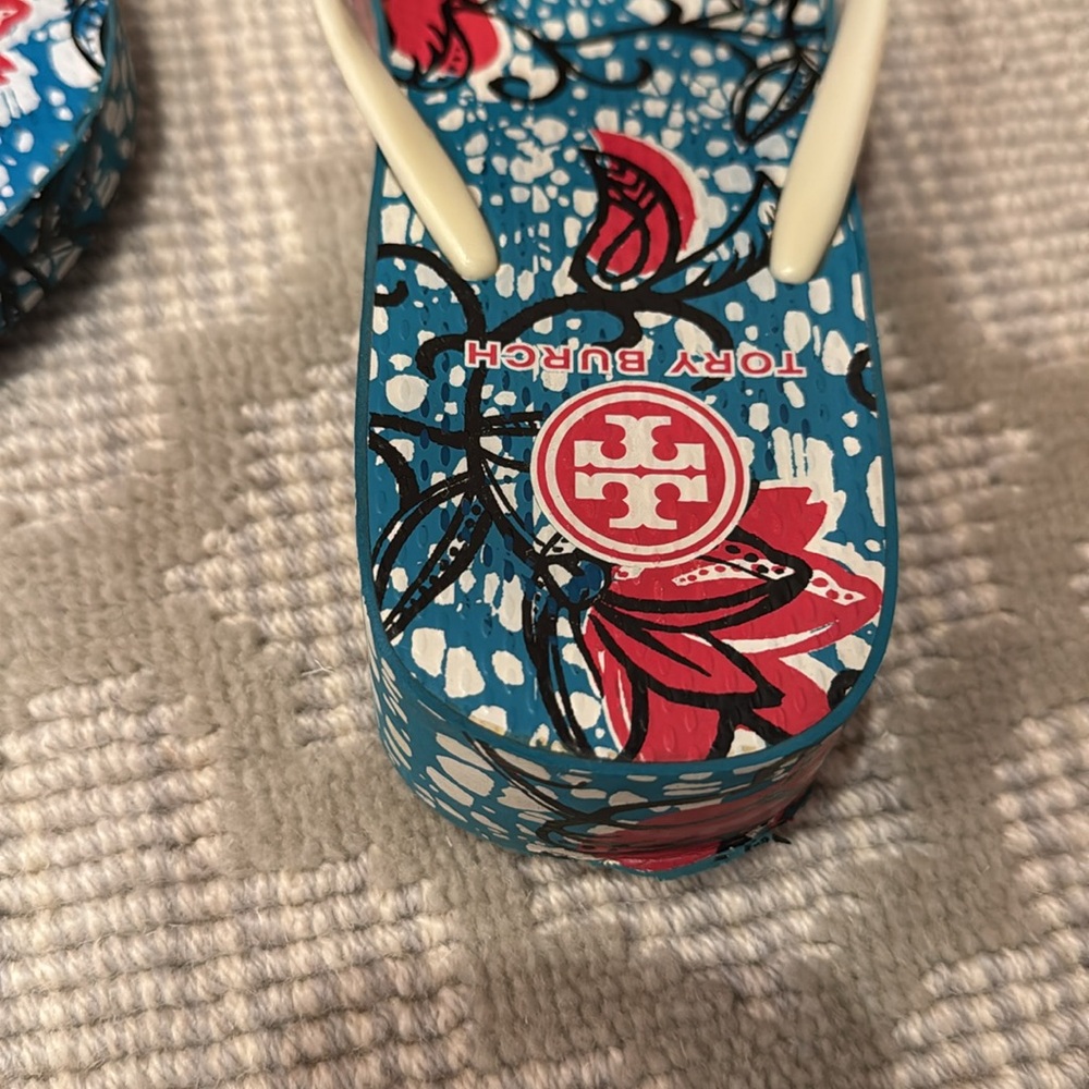 Tory Burch Red and Blue Floral Flip Flops - Picture 5 of 5